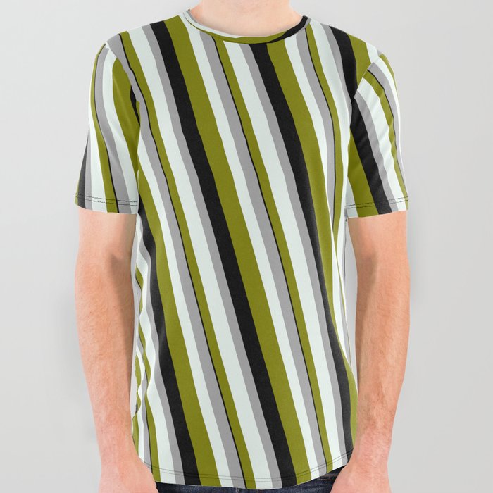 Dark Gray, Mint Cream, Green & Black Colored Stripes/Lines Pattern All Over Graphic Tee