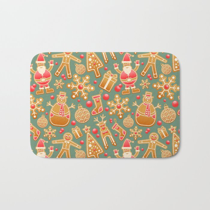 christmasbackground with gingerbread and santa pattern Bath Mat
