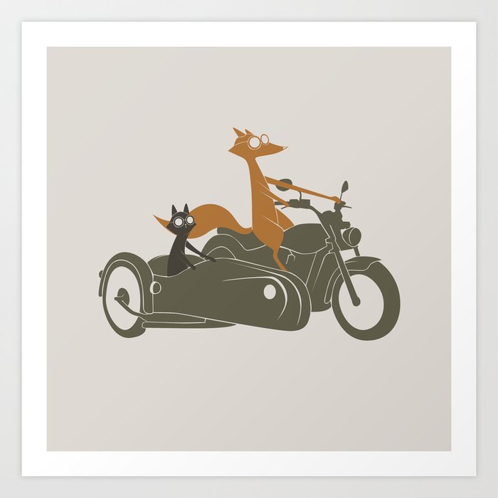 Fox & Cat_Summer_pop-art_motorcycle rider sidecar_104_04_14 Art Print