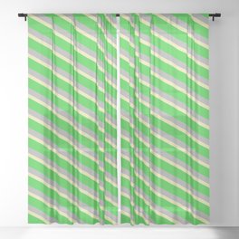 [ Thumbnail: Pale Goldenrod, Lime Green, and Dark Gray Colored Striped Pattern Sheer Curtain ]