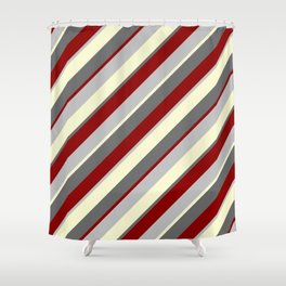[ Thumbnail: Dim Gray, Dark Red, Grey & Light Yellow Colored Lined Pattern Shower Curtain ]
