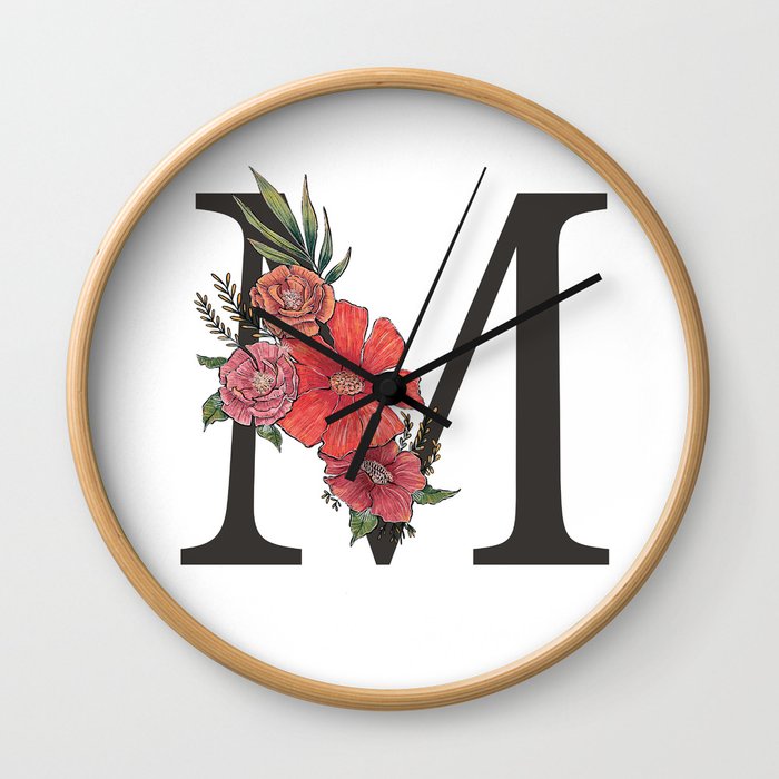 Monogram Letter M with Flowers Wall Clock