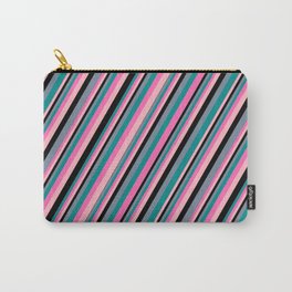 [ Thumbnail: Light Slate Gray, Dark Cyan, Hot Pink, Light Pink, and Black Colored Striped/Lined Pattern Carry-All Pouch ]