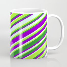 [ Thumbnail: Dark Violet, Light Cyan, Light Green & Forest Green Colored Lines Pattern Coffee Mug ]