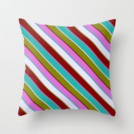 [ Thumbnail: Eyecatching Lavender, Green, Maroon, Orchid & Light Sea Green Colored Pattern of Stripes Throw Pillow ]