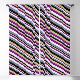 [ Thumbnail: Eye-catching Dark Khaki, Purple, Lavender, Slate Gray, and Black Colored Lined/Striped Pattern Blackout Curtain ]