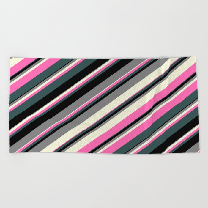 Grey, Beige, Hot Pink, Dark Slate Gray, and Black Colored Lines/Stripes Pattern Beach Towel
