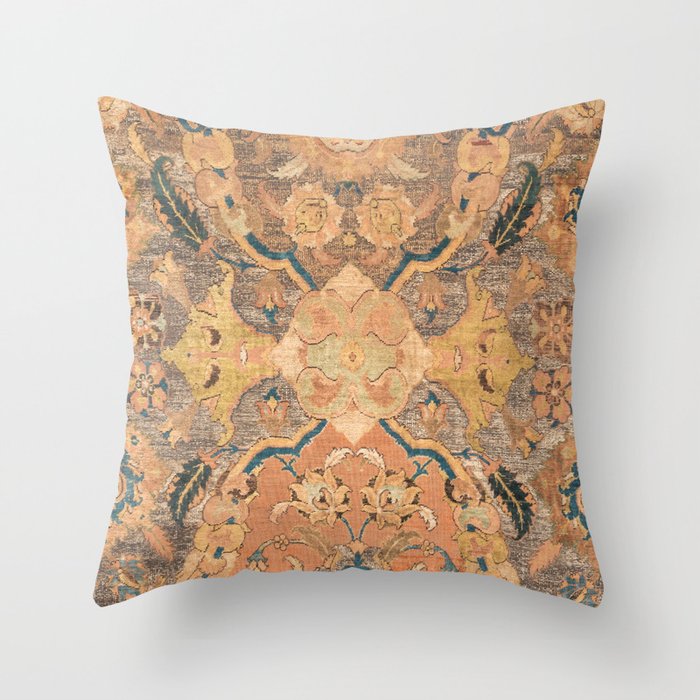 Persian Motif III // 17th Century Ornate Rose Gold Silver Royal Blue Yellow Flowery Accent Rug Patte Throw Pillow