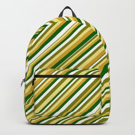 [ Thumbnail: Vibrant Green, Tan, Goldenrod, Dark Green & White Colored Pattern of Stripes Backpack ]