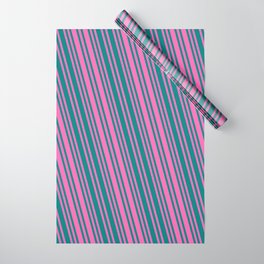 [ Thumbnail: Hot Pink and Teal Colored Pattern of Stripes Wrapping Paper ]