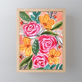 Abstract Hand-drawn Flowers with Line Detail - Pink, Peach, and Teal Framed Mini Art Print