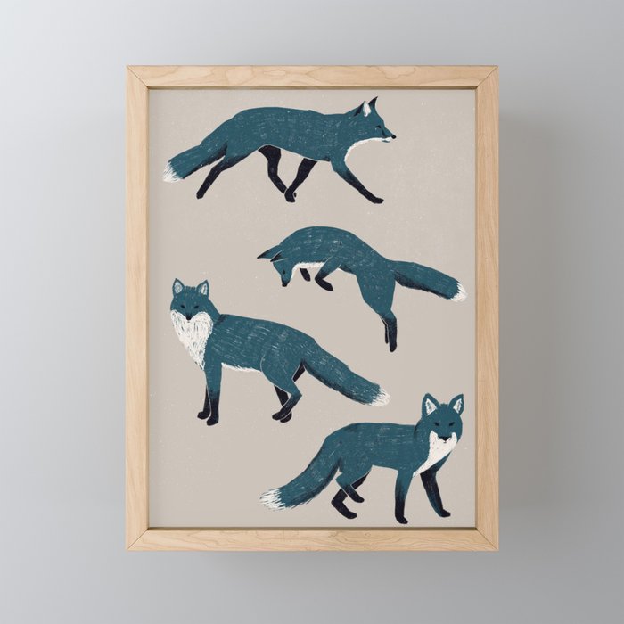 Midnight Foxes in Blue Jumping Fox Framed Mini Art Print