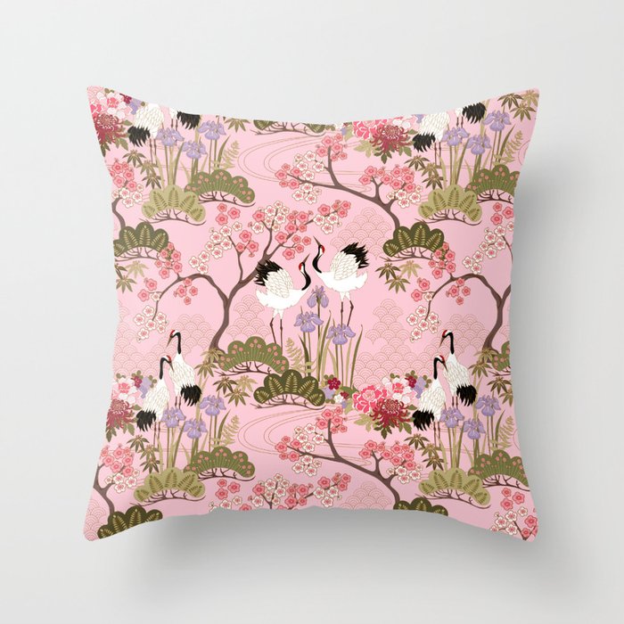 Japanese Garden in Pink Throw Pillow