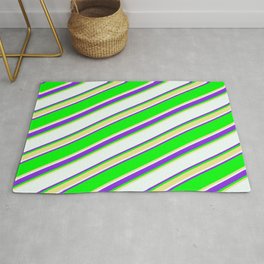 [ Thumbnail: Lime, Tan, Mint Cream & Purple Colored Lined Pattern Rug ]