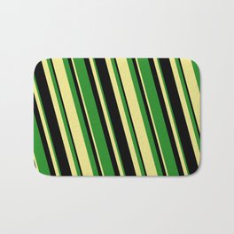 [ Thumbnail: Black, Forest Green, and Tan Colored Stripes Pattern Bath Mat ]