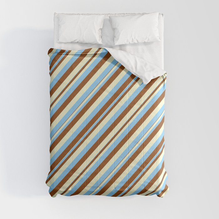 Light Yellow, Light Sky Blue & Brown Colored Pattern of Stripes Comforter