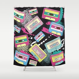 Multi Colored cassettes on a black background seamless pattern Shower Curtain