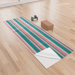 [ Thumbnail: Light Coral, Teal, and Light Grey Colored Lined/Striped Pattern Yoga Towel ]