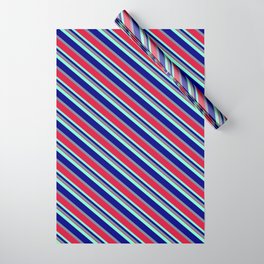 [ Thumbnail: Aquamarine, Blue, Light Slate Gray & Crimson Colored Lines/Stripes Pattern Wrapping Paper ]