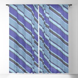[ Thumbnail: Blue, Black, Dark Blue & Sky Blue Colored Pattern of Stripes Sheer Curtain ]