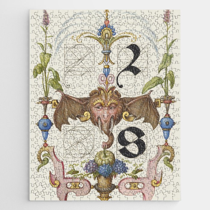 Vintage calligraphy art with a bat illustration Jigsaw Puzzle