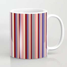 [ Thumbnail: Eyecatching Grey, Dark Slate Blue, Maroon, Beige, and Light Coral Colored Striped Pattern Coffee Mug ]