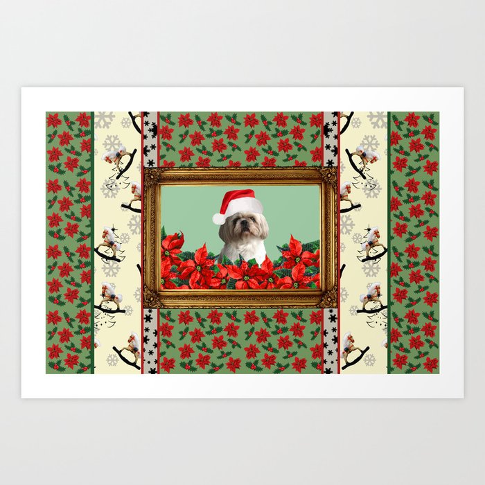 Shi Tzu Dog Baroque Frame - Christmas Passionate Flower pattern Rocking Horse Art Print