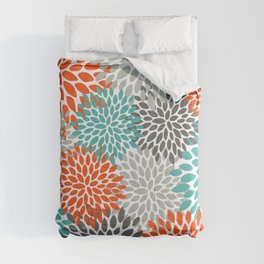 Floral Pattern, Abstract, Orange, Teal and Gray Comforter