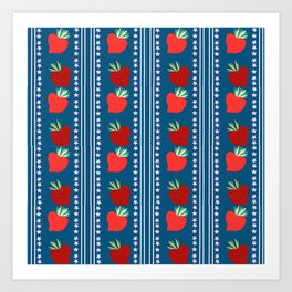 Strawberries on Blue Stripes Art Print