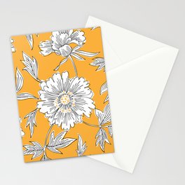 Hand drawn abstract garden flowers. Contour drawing. Large daisy heads in bloom. Summer floral seamless pattern. Line art flowers. Detailed outline sketch drawing. Stationery Card