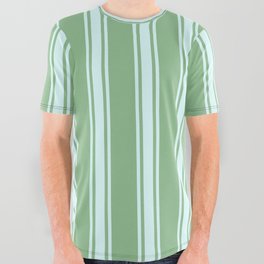 [ Thumbnail: Dark Sea Green and Light Cyan Colored Pattern of Stripes All Over Graphic Tee ]