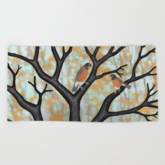 American robins at sunrise Beach Towel