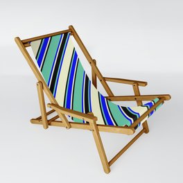 [ Thumbnail: Aquamarine, Blue, Light Yellow & Black Colored Lined Pattern Sling Chair ]