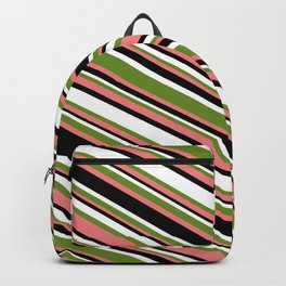 [ Thumbnail: Green, Light Coral, Black & White Colored Lined/Striped Pattern Backpack ]