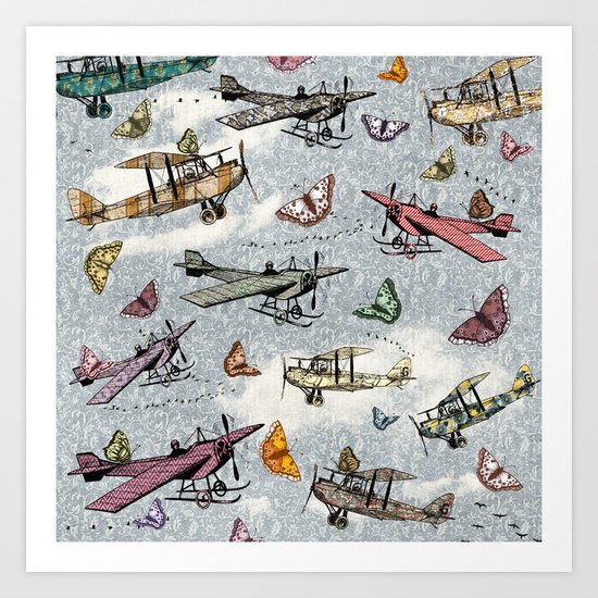 Vintage Sky - Planes and Butterflies Art Print
