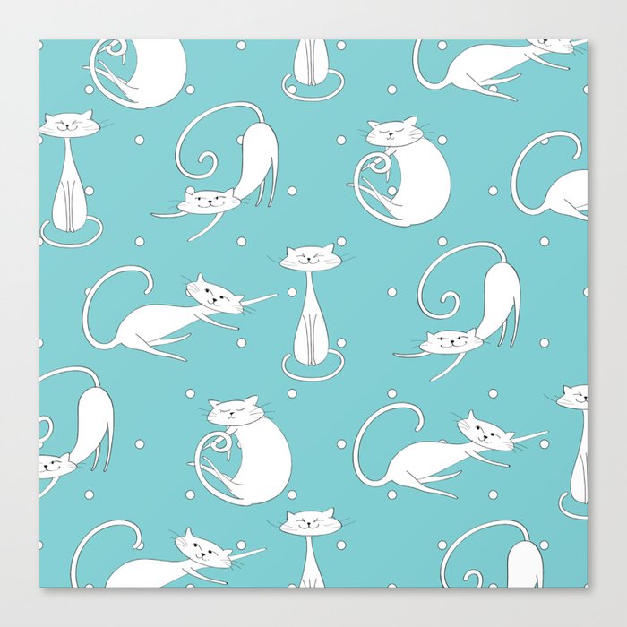 White Cats on blue background with polka dots Canvas Print