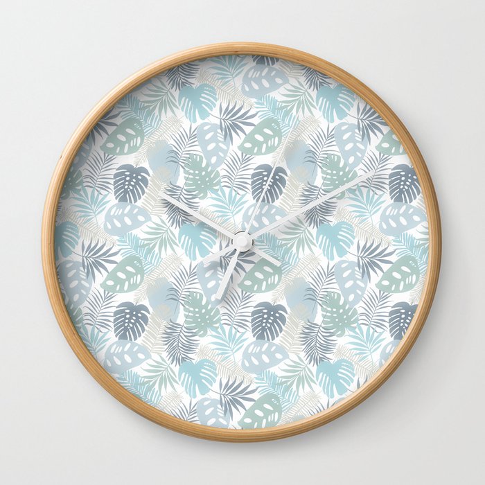 Tropical Leaves Pattern Blue Wall Clock