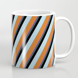 [ Thumbnail: Orchid, Dark Slate Gray, Black, Light Blue & Chocolate Colored Striped/Lined Pattern Coffee Mug ]