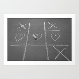 Romantic Tic-Tac-Toe with hearts; chalk on blackboard black and white photograph - photography - photographs Art Print