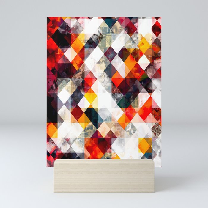 geometric pixel square pattern abstract background in red orange brown Mini Art Print