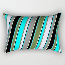 [ Thumbnail: Eyecatching Aqua, Grey, Dark Olive Green, Lavender & Black Colored Lines/Stripes Pattern Rectangular Pillow ]
