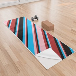 [ Thumbnail: Red, Pink, Deep Sky Blue, and Black Colored Stripes/Lines Pattern Yoga Towel ]