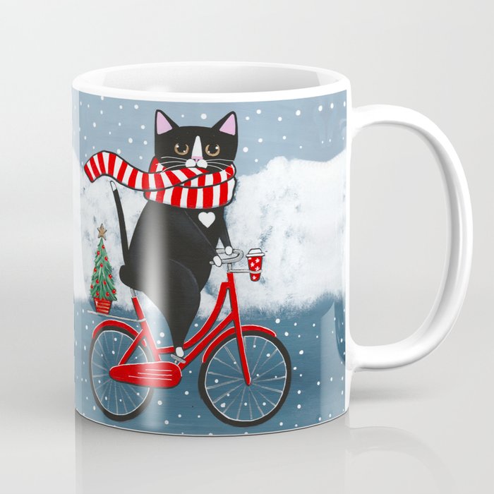 Winter Tuxedo Cat Bicycle Ride Coffee Mug