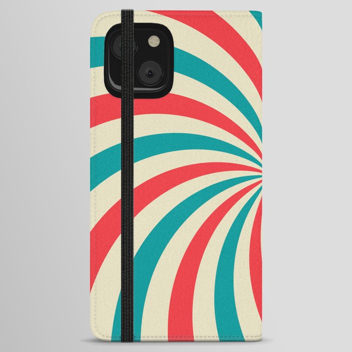 Retro background with curved, rays or stripes in the center. Rotating, spiral stripes. Sunburst or sun burst retro background. Turquoise and red colors. Vintage illustration iPhone Wallet Case