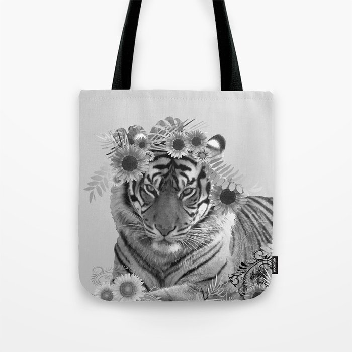 Tiger Cat - Wild Sunflower Leaves black & white Tote Bag