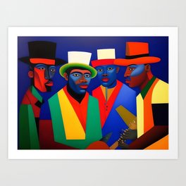 The blues men, No. 4; African American musical cubist blues portrait still life painting Art Print