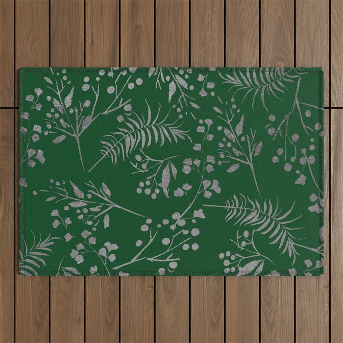 Forest green country chic faux silver floral leaves Outdoor Rug by Pink