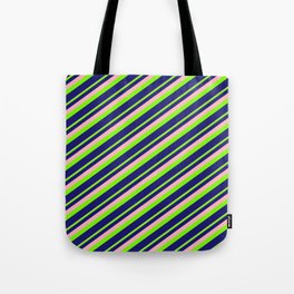 [ Thumbnail: Light Pink, Green, and Midnight Blue Colored Striped/Lined Pattern Tote Bag ]