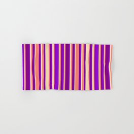 [ Thumbnail: Tan, Dark Violet, Purple, and Salmon Colored Striped Pattern Hand & Bath Towel ]