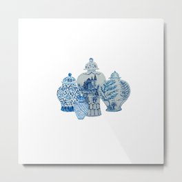 Four 4 Blue and White Ginger Jars  Metal Print | Palmsprings, White, Chinese, Painting, Chinoiserie, Oriental, Blue, Ming, Acrylic, Stainedglass 